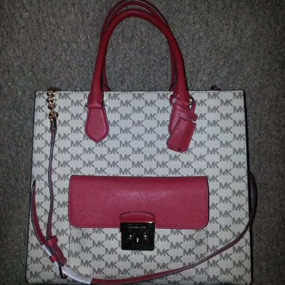 MICHAEL KORS-BRIDGETTE-Large Tote Satchel/Shoulder-Natural/Scarlet-NWT - Picture 2 of 10